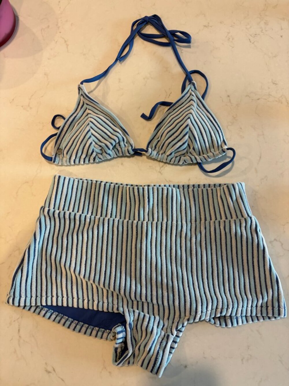 Rhythm Terry Tri Bikini Top + Shorts Set Blue Stripe S